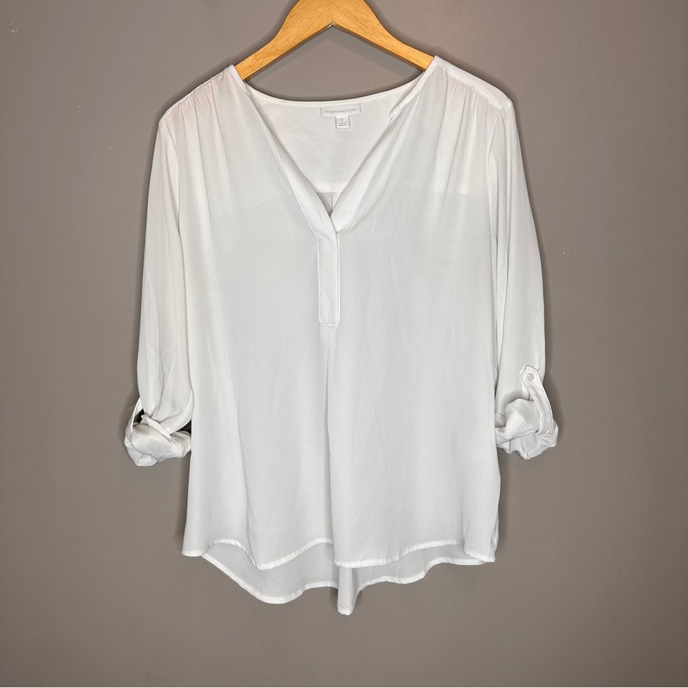 Charter Club White V-Neck Roll-Tab Blouse